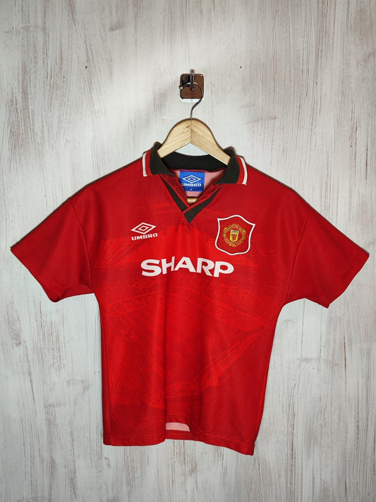 KIDS Manchester United 1994 1995 home Umbro Sz L shirt jersey soccer kit tee BOY