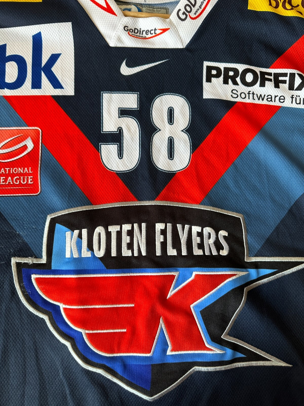 EHC Kloten Flyers #58 Blum MATCH WORN? Size XL Nike Ice Hockey jersey shirt kit