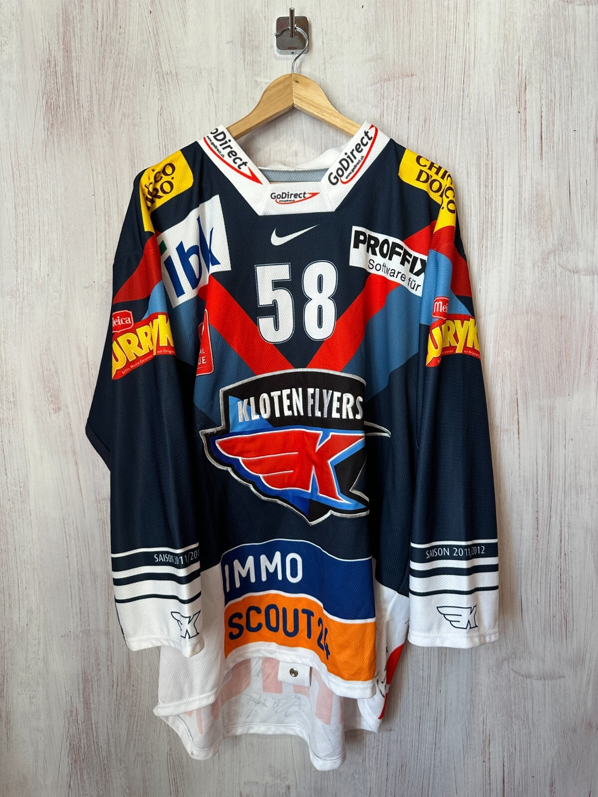 EHC Kloten Flyers #58 Blum MATCH WORN? Size XL Nike Ice Hockey jersey shirt kit